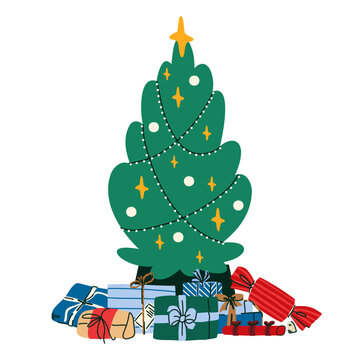 Decorated Christmas tree with colorful ornaments and star surrounded by wrapped gifts, festive holiday illustration for greeting cards, gift tags, posters, advertising and seasonal decoration