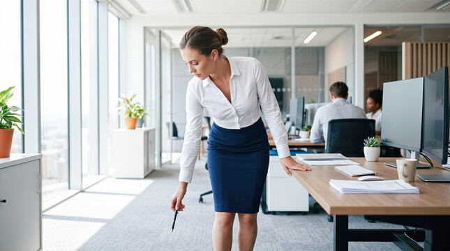 Confident corporate businesswoman standing near wooden desk holding black pen inside bright modern commercial office working busy professional workplace analyzing important paper
