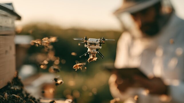 A small drone hovers near a hive entrance, scanning bee traffic while a beekeeper observes data on a tablet in the background.