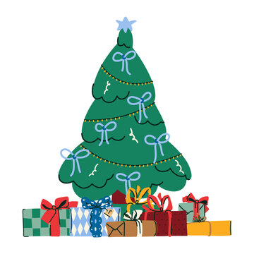 Christmas tree decorated with hanging bows, ribbon garlands and colorful ornaments above a collection of wrapped presents, festive holiday illustration for greeting cards, packaging and seasonal desig
