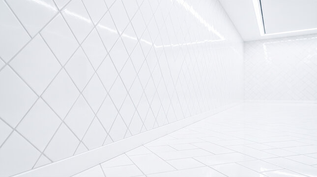 Bright empty room entirely covered in shiny white ceramic tiles featuring diamond pattern on walls illuminated by overhead fluorescent lighting