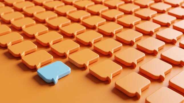 One blue speech bubble among many orange speech bubbles arranged in a grid pattern with three dimensional