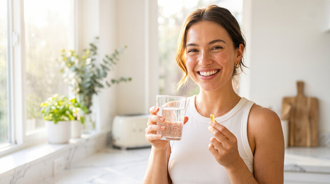 Happy young woman holding yellow medical supplement capsule and transparent glass containing fresh drinking water standing inside bright modern home kitchen