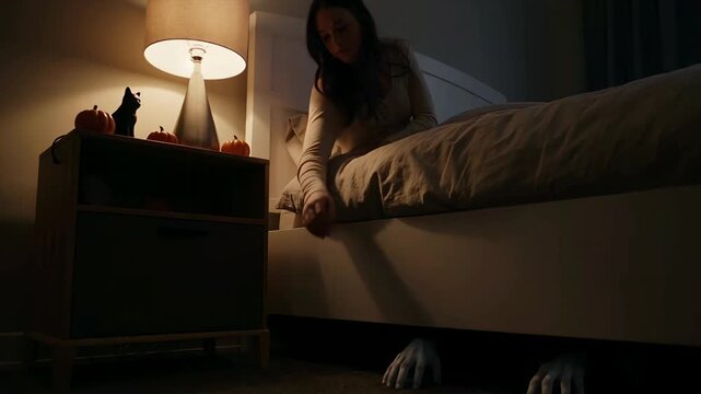Cinematic view of a young woman in bed reaching down as pale creepy monster hands emerge from the dark shadows under the bed in a spooky bedroom.
