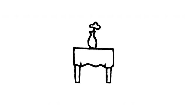 Animated doodle icon of a sleek console table with a flower vase on top.