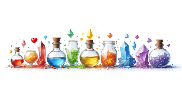 Magical potion bottles with colorful crystals and glowing liquid vials