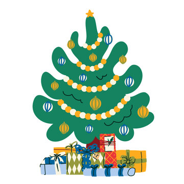 Decorated Christmas tree with golden and white garland, colorful hanging ornaments and wrapped presents, cheerful holiday illustration for greeting cards, gift packaging, posters and seasonal advertis