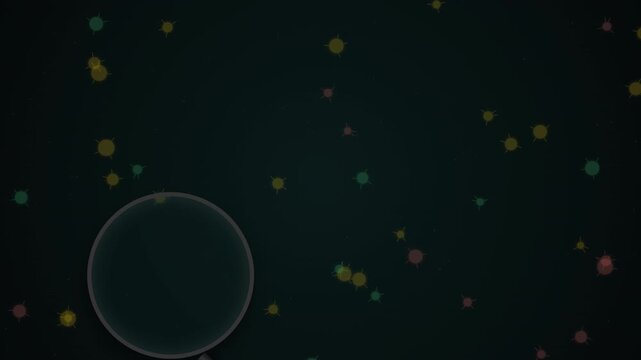 A high-resolution 2D animation showing germs moving under a magnifying glass with a magnification effect.