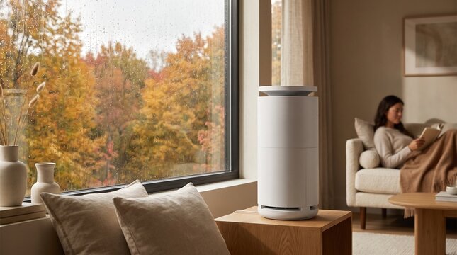 Modern White Cylindrical Air Purifier in Cozy Rainy Autumn Living Room