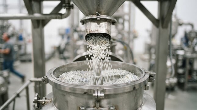 Polymer granules pouring from a hopper into a mixing vessel for plastics manufacturing and industrial processing.