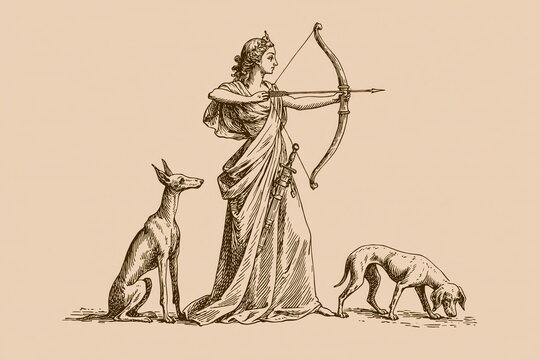 Vintage Engraving of Goddess Artemis Hunting with Bow and Dogs