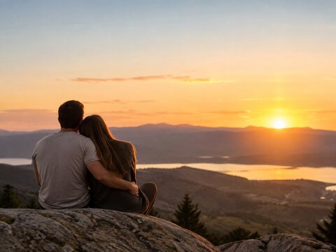 Couple sitting close together from behind at sunset with copy space