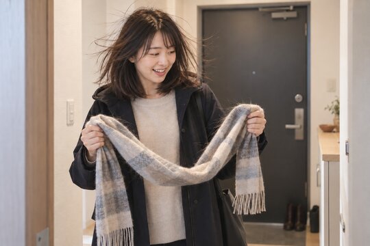 帰宅してマフラーを外すと静電気で髪が広がった女性