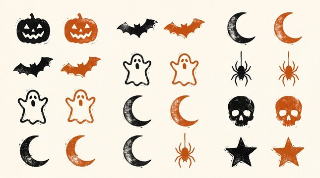 Halloween icon set with hand drawn textures, spooky pumpkin ghosts and bats illustrations, orange and black vintage stamp style elements on beige background