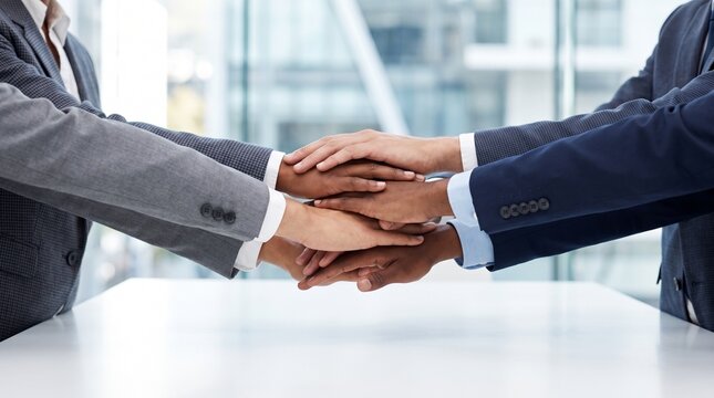 Diverse business people stacking hands together for teamwork and unity