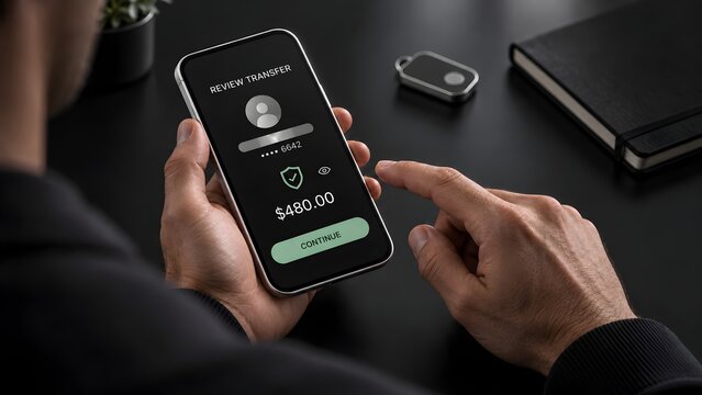 Person reviewing financial transfer details on smartphone screen confirming payment of 480.00 with Continue button