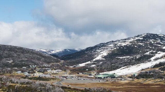 Perisher Ski Resort stock video during weak snowy season in early Spring Australia Snowy Mountains