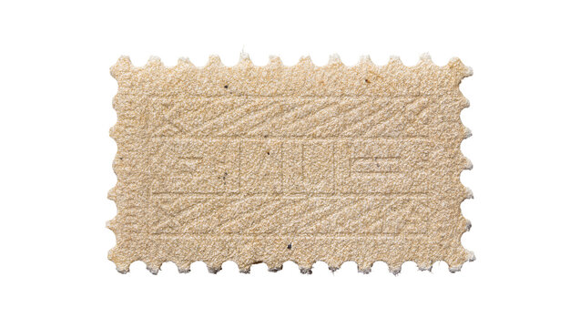 Vintage beige postage stamp with embossed geometric pattern, isolated on transparent background