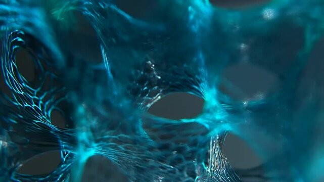 Glowing Microscopic Fiber Particles Forming Abstract Blue Biological Network Structure For Advanced Scientific Research And Medical Technology