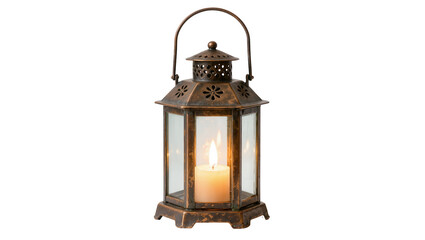 Antique bronze lantern with lit candle, isolated on transparent background © Viktor