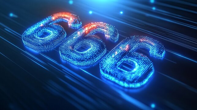 Glowy Holographic Number 666 Digits Floating on a Futuristic Fiber Optic Digital Internet Abstract