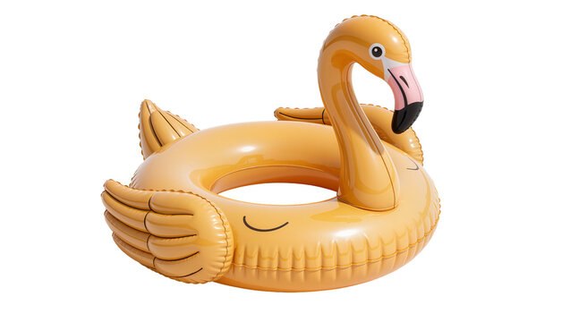 Orange inflatable flamingo pool float with cute face, isolated on transparent background