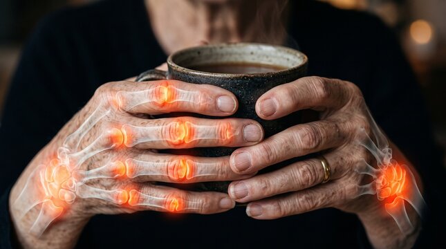 Close-up of elderly hands holding a warm mug with an anatomical overlay highlighting arthritis and joint inflammation in the fingers and wrists