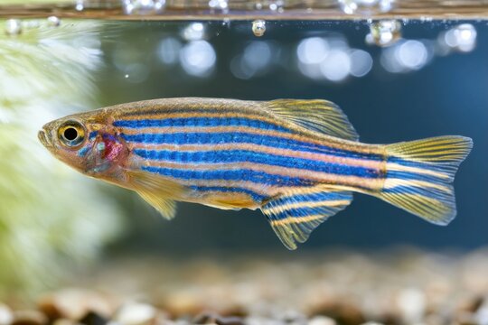 Colorful freshwater zebrafish swimming in a clear aquarium tank