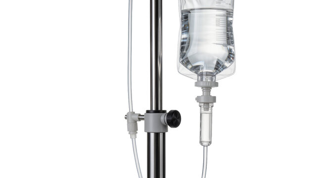 Medical IV drip bag with saline solution hanging on chrome stand, isolated on transparent background