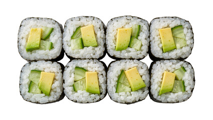 Eight pieces of sushi roll with avocado and cucumber, isolated on transparent background © Viktor