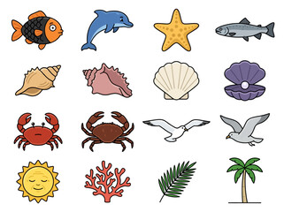 Obraz premium Marine Life Icon Set with Ocean Animals and Tropical Beach Elements