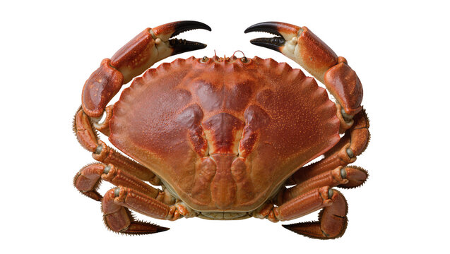 Whole cooked brown crab with claws raised, isolated on transparent background