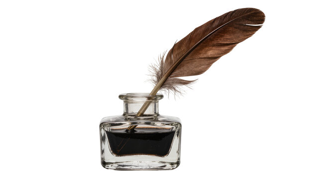 Brown quill feather dipping into a glass inkwell filled with black ink, isolated on transparent background