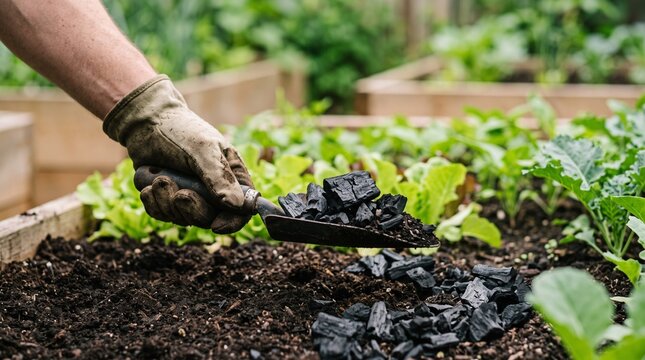 Gardener adding biochar to garden bed soil for plant growth and health