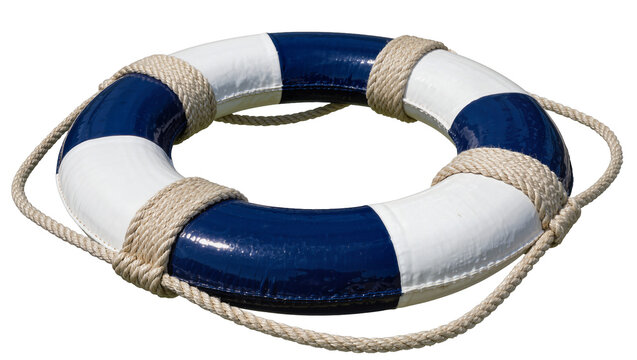 Blue and white striped life preserver ring with rope, isolated on transparent background
