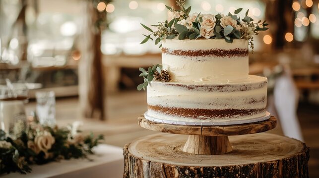 A rustic wedding cake placed on a wooden table, with natural decorations like greenery and wooden accents.