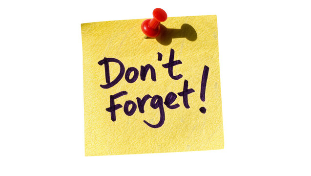 Yellow sticky note with Don t Forget text pinned with red thumbtack, isolated on transparent background