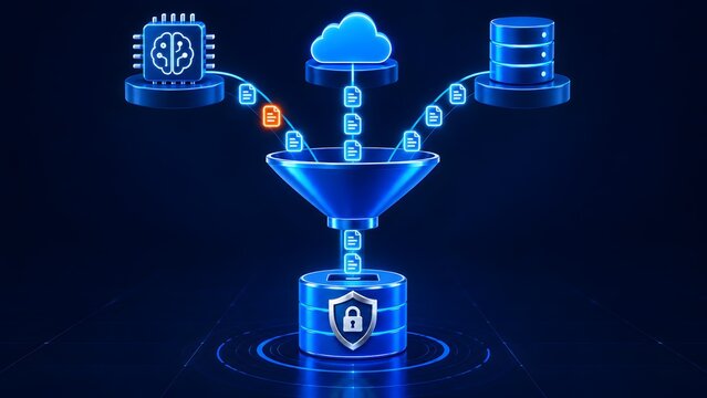 Artificial intelligence processing data from cloud and databases through a funnel into a secure storage system with a shield icon and lock