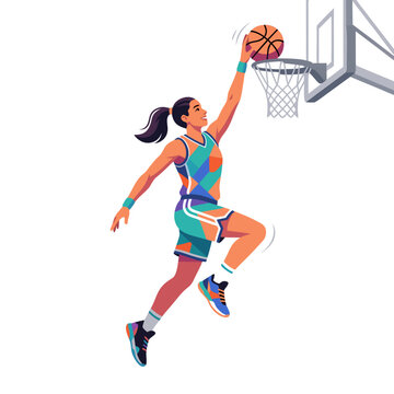 Vector illustration of a female basketball player jumping to score a dunk or layup into the hoop isolated on white background.