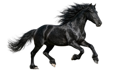 Majestic black horse with flowing mane and tail, galloping freely isolated on transparent background © Maria