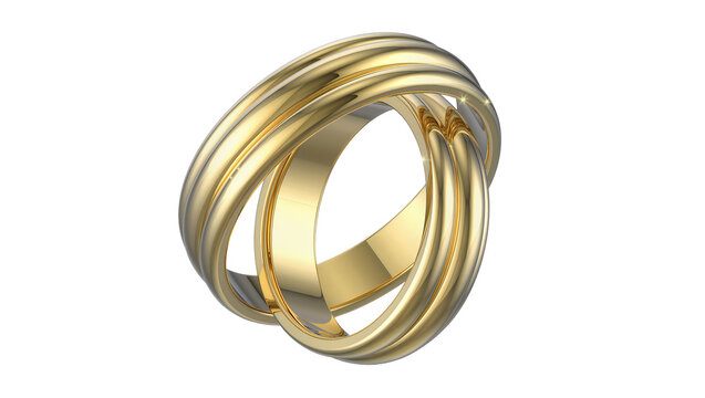 Interlocking polished gold rings with ribbed texture, isolated on transparent background