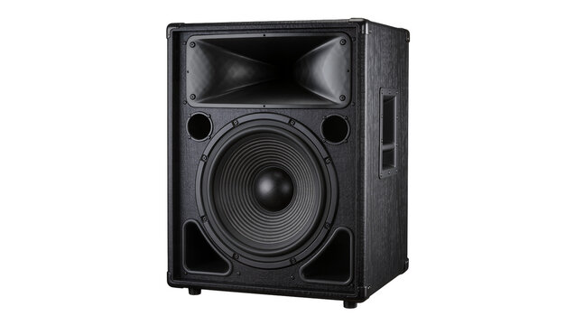 Black professional audio speaker with large woofer and horn tweeter, isolated on transparent background