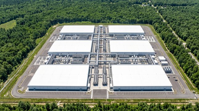 Data Center Forest Clearing Holding A Hyperscale Campus Of White Halls Around Four Chiller Yards Under Bright Midday Sun