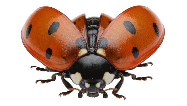 Red ladybug with black spots wings open, isolated on transparent background