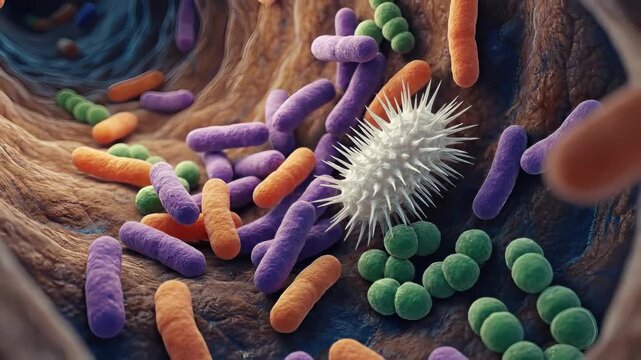 Microbe cell interacting with various bacterium and a virus inside an organic passage, depicting microscopic biological research, health, and disease pathogen concept.