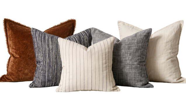 Assorted decorative throw pillows with varied textures and patterns, isolated on transparent background