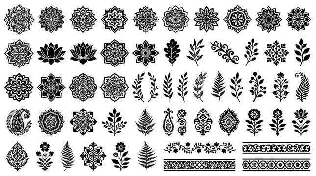 Mandala and floral design elements set, black henna style botanical ornaments, ethnic indian pattern collection for invitations and tattoos