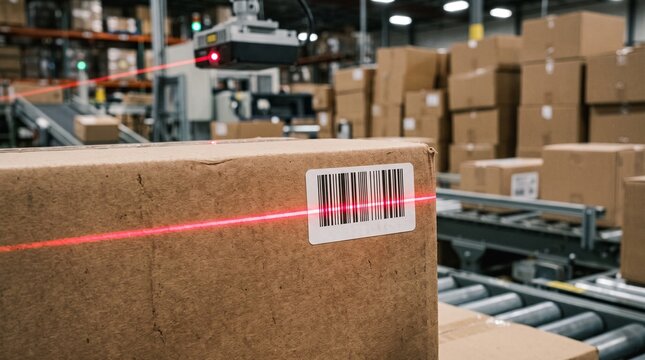 Automated barcode scanner reading package on warehouse conveyor belt