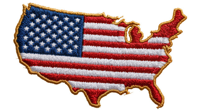 Embroidered USA map patch with American flag design, isolated on transparent background