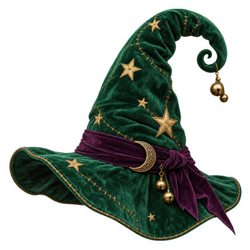  green velvet wizard hat adorned with gold stars, a purple band, a crescent moon buckle, and dangling golden bells on a curled tip.